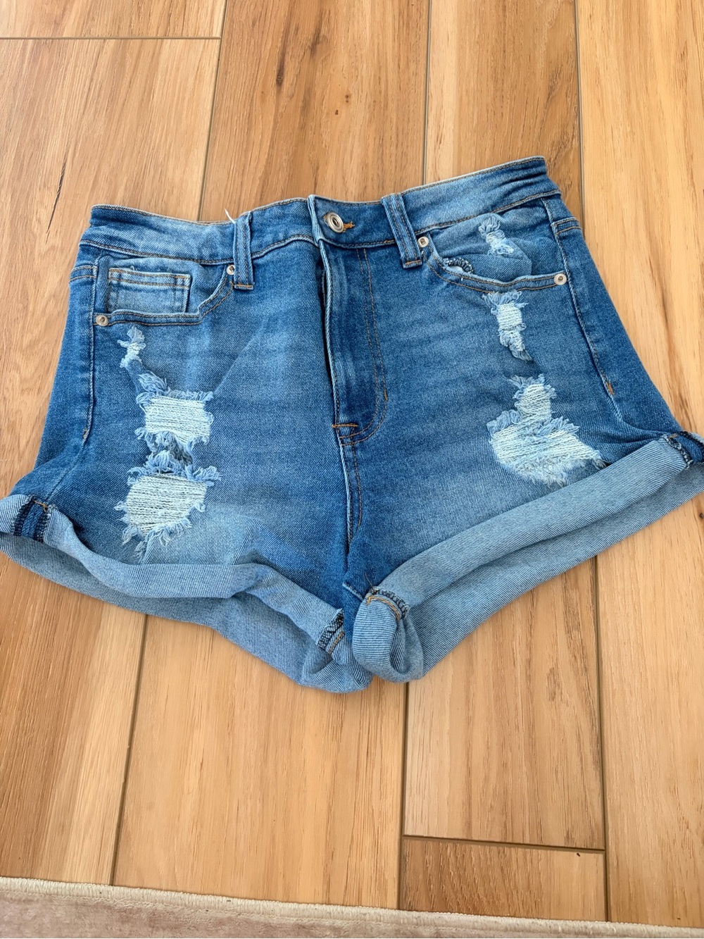 Celebrity Pink Distressed Rolled Hem Denim Shorts - Blue